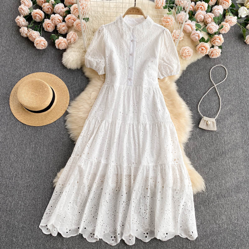 Bohemian Summer Dress with Hollow Embroidery and Puff Sleeves