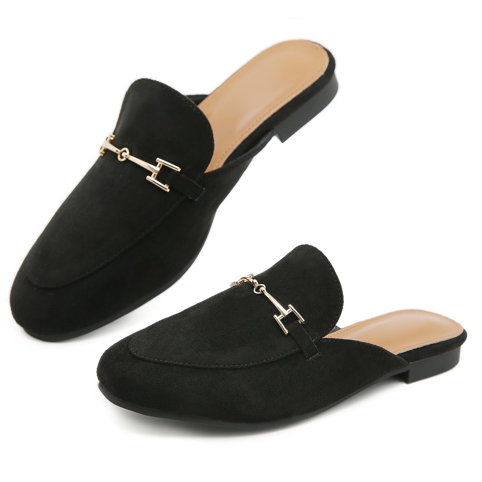 ignaxis Mules for Women Flats Round Toe Womens Mules Buckle Slip on Slides Backless Loafer Shoes(Black Suede10)