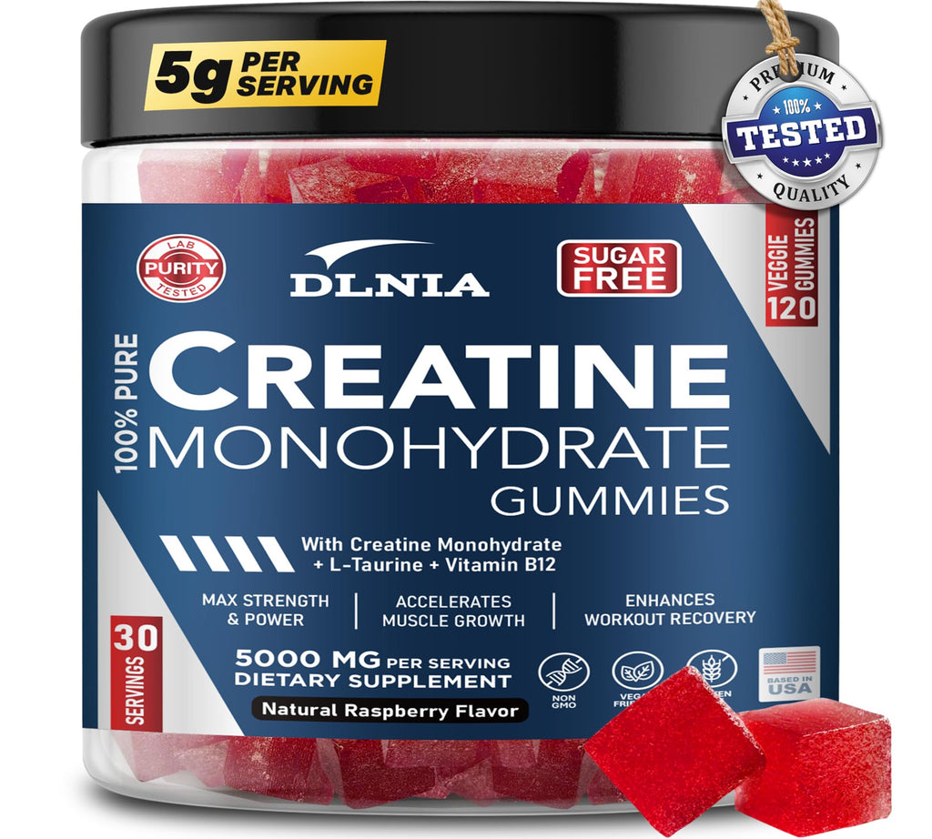 DLNIA 120 Creatine Monohydrate Gummies for Men & Women Vegan-Friendly Sugar-Free & Tasty Chewables - Instantized Creatine Gummies for Enhanced Muscles Growth Recovery & Performance (Raspberry)