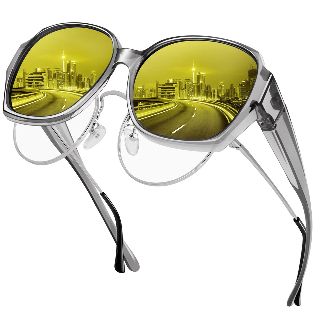 URUMQI Night Vision Driving Glasses for Women Anti Glare Fit Over Glasses Night Time Glasses for Driving Oversized Polarized Square Yellow Lens
