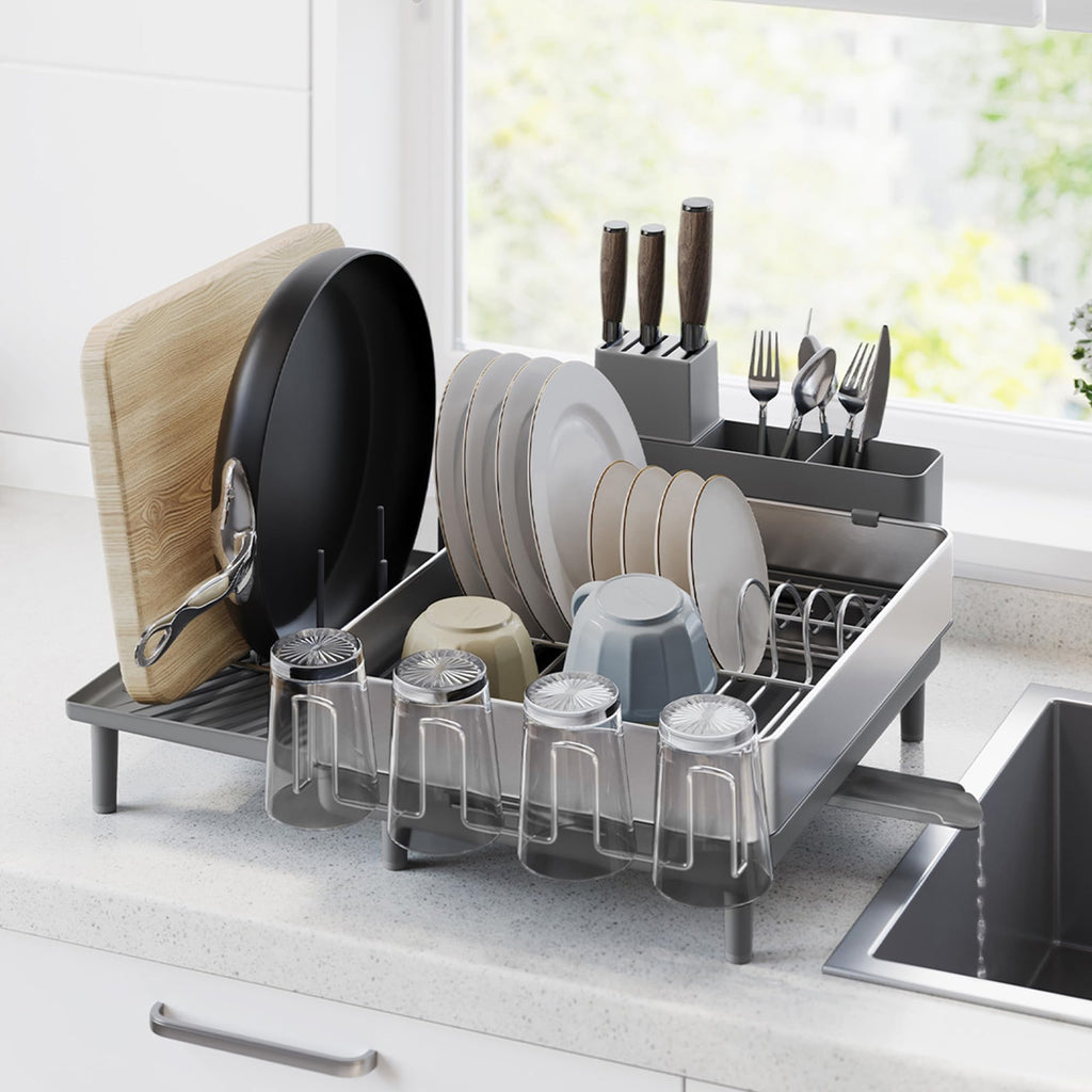 SONGMICS Large Dish Drying Rack Expandable Dish Dryer for Kitchen Counter Stainless Steel Dish Rack with Rotatable Spout Utensil Cup Glass Cutting Board Pan Holders Silver and Gray UKCS037G01