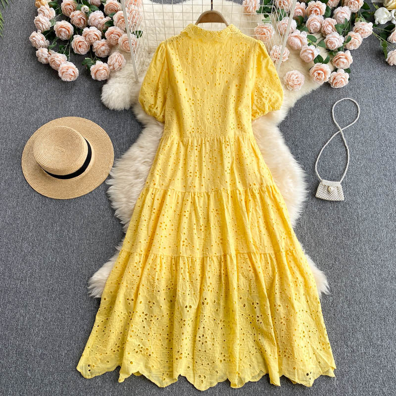 Bohemian Summer Dress with Hollow Embroidery and Puff Sleeves