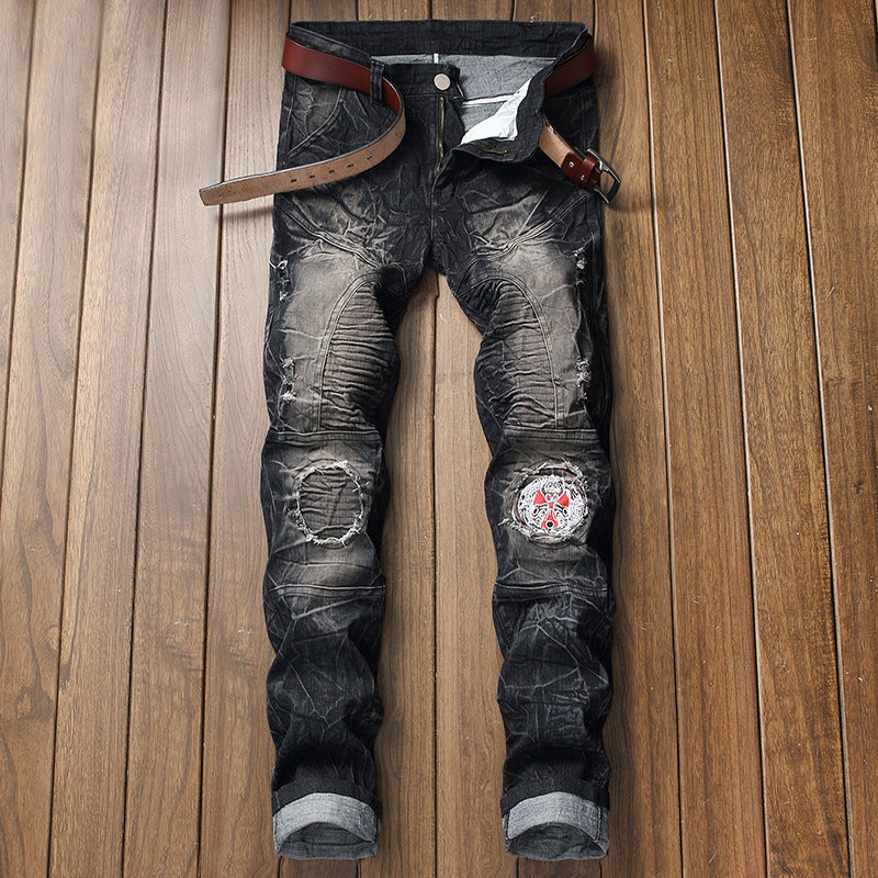 Men's Slim Fit Distressed Motorcycle Jeans for Export