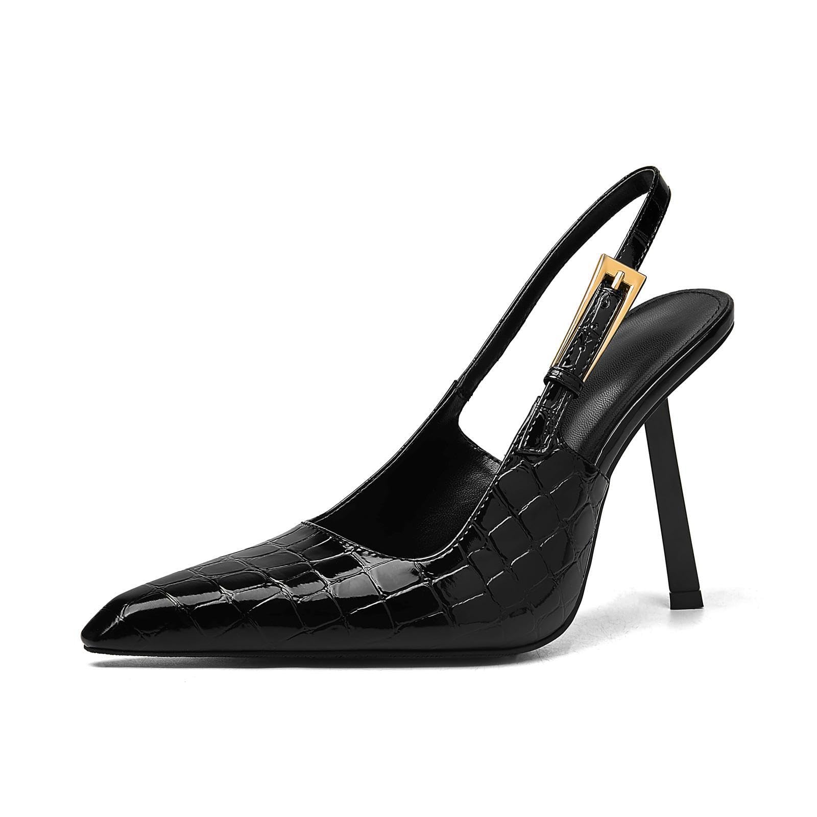 Longwenxuan Slingback Pointed Closed Toe Stiletto Heels Sandal for WomenWomens Basic Classic Patent Leather Metal Buckle Pumps Backless Ankle Slip-on Buckle Strap Mid High Heels Banquet Dress Shoes