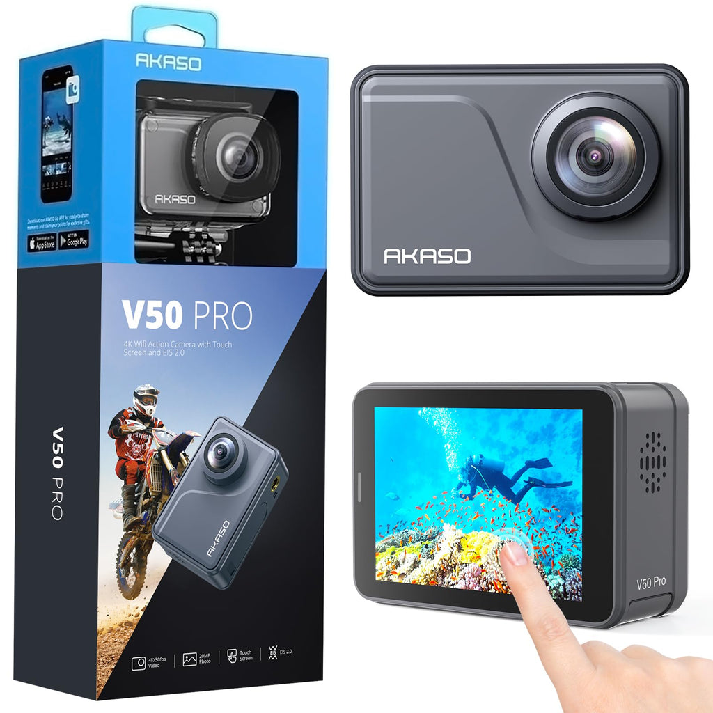 AKASO V50 Pro Native 4K30fps 20MP WiFi Action Camera with EIS Touch Screen 98 feet Waterproof Camera Support External Mic Remote Control with Helmet Accessories Kit