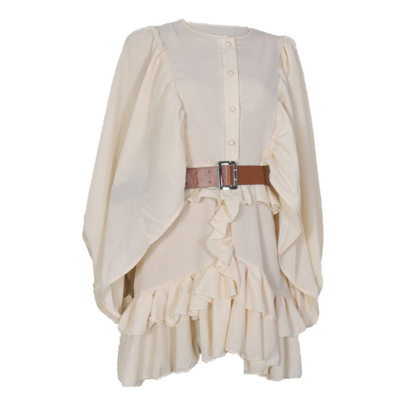 Women's Ruffled Waist Dress with Lantern Sleeves