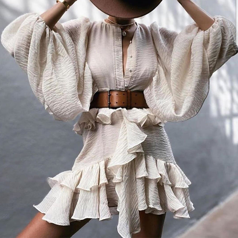 Women's Ruffled Waist Dress with Lantern Sleeves