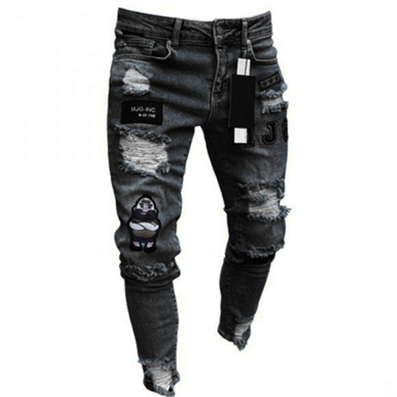 Men's Ripped Knee Zipper Slim Fit Jeans (Cross-Border)