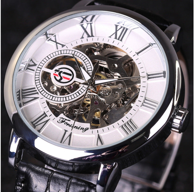 Hollow Design Manual Mechanical Watch with Leather Strap