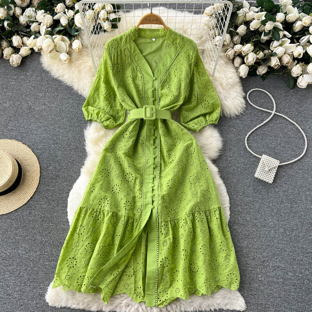V-Neck Hollow Out Dress with Puff Sleeves and Embroidery