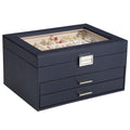Voova Jewelry Box Organizer for Women Girls 3 Layer PU Leather Jewelry Storage Case with Glass Lid & 2 Drawers Large Jewellery Display Holder for Necklaces Rings Earrings Bracelets Dark Blue