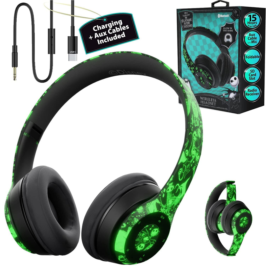 Disney Nightmare Before Christmas Glow in The Dark Bluetooth Headphones Over Ear Wireless and Wired Foldable Headset Built-in Microphone - Tim Burton Jack Skellington & Sally - Adults Kids