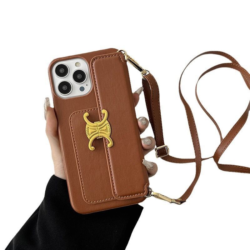 Brown Crossbody Card Holder Case for iPhone 12-15 Pro Max