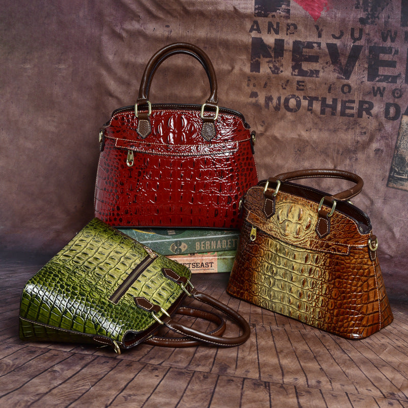 Vintage Crocodile Pattern Leather Shoulder Bag