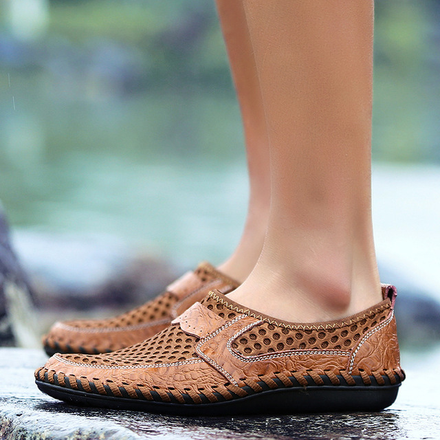 Men's Breathable Leather Hollow Casual Shoes (Korean Style)