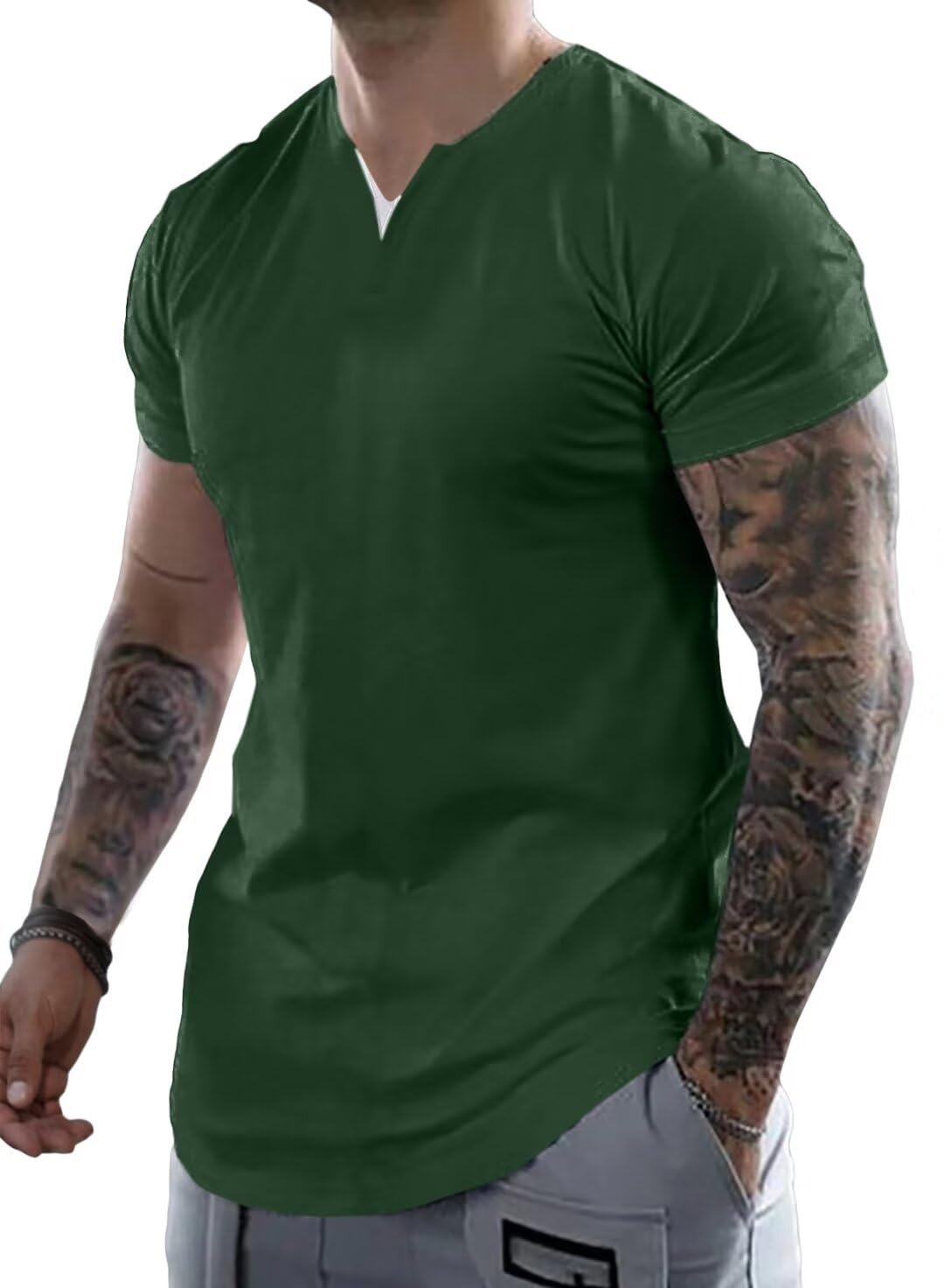 Dokotoo Men Mens Short Sleeve Henley Shirts Casual V Neck Muscle Fitted T Shirts Summer Shirt Tops Blackish Green XX-Large
