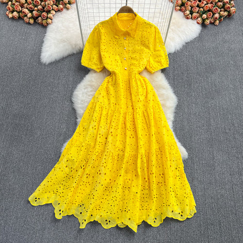 Bohemian Summer Dress with Embroidered Puff Sleeves