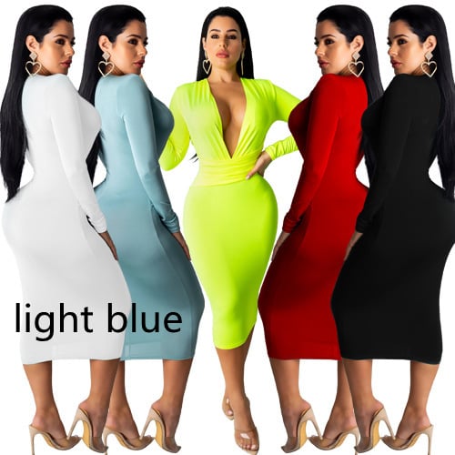 Fashion Deep V Neck Long Sleeve Hip Dress