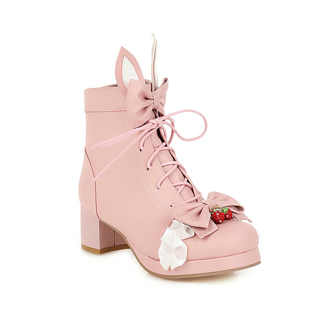 Cute Women's Strawberry Short Martin Boots with Thick Sole