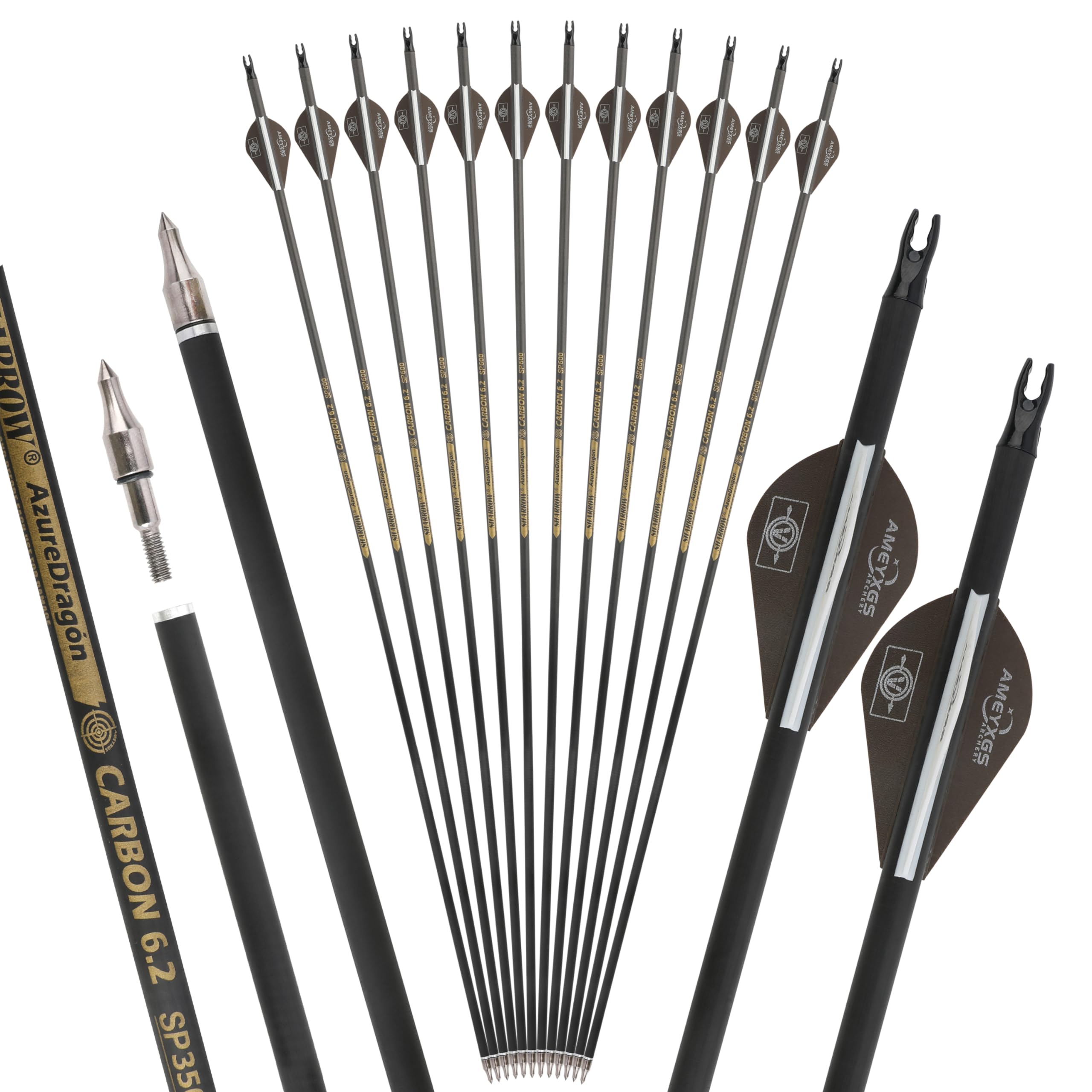 wolfman 31" Pure Carbon Arrows Archery Practice Hunting Arrows Spine 300 350 400 500 600 with Removable Tips Targeting Arrows for Compound & Recurve & Long Bow 6/12pcs (12 Brown Spine 600)