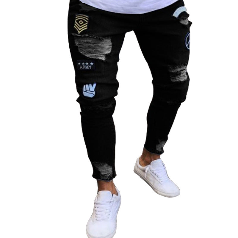 Men's Ripped Knee Zipper Slim Fit Jeans (Cross-Border)