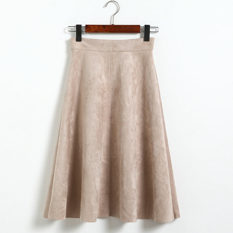 Suede Midi Skirt, High Waist Retro A-Line Women’s Skirt