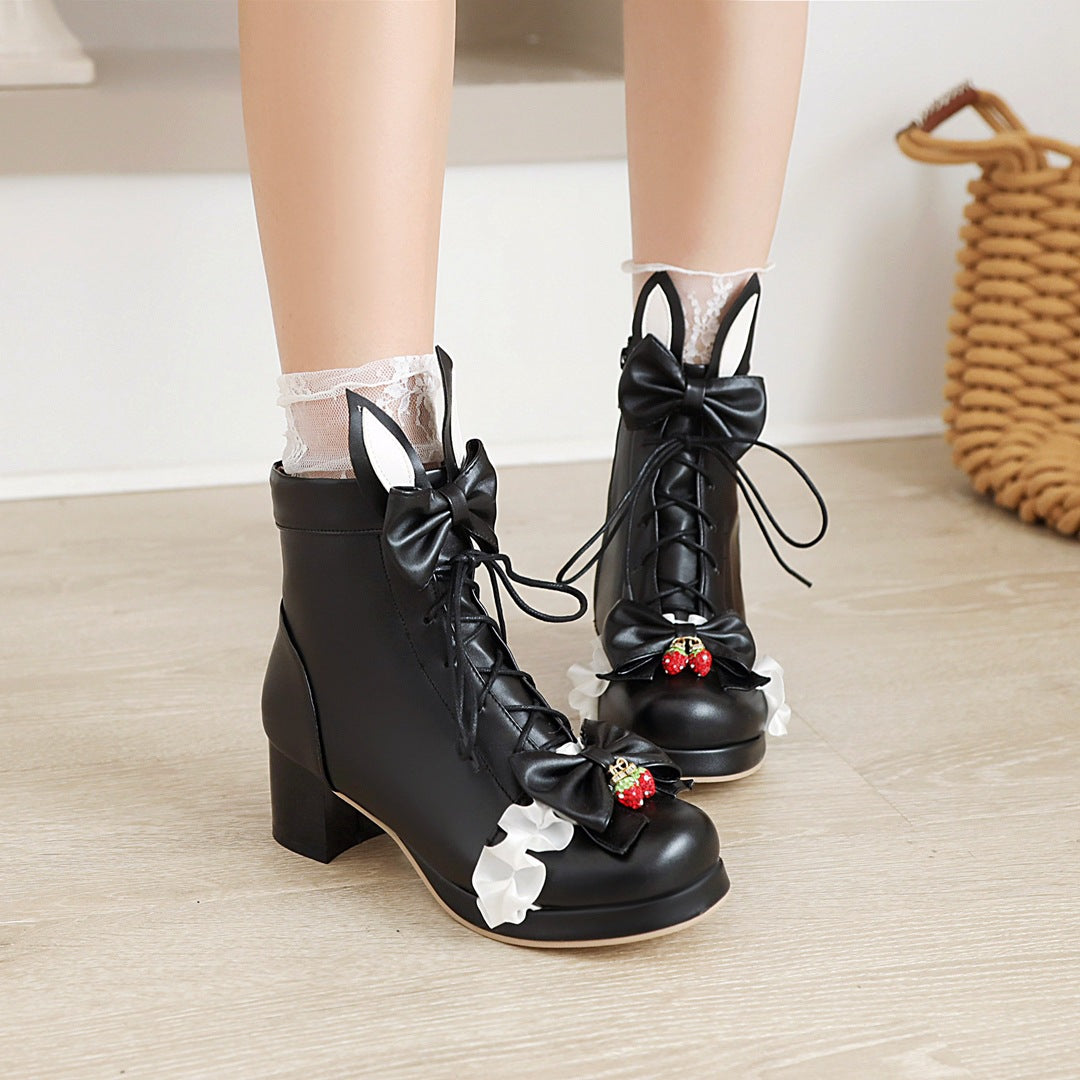Cute Women's Strawberry Short Martin Boots with Thick Sole