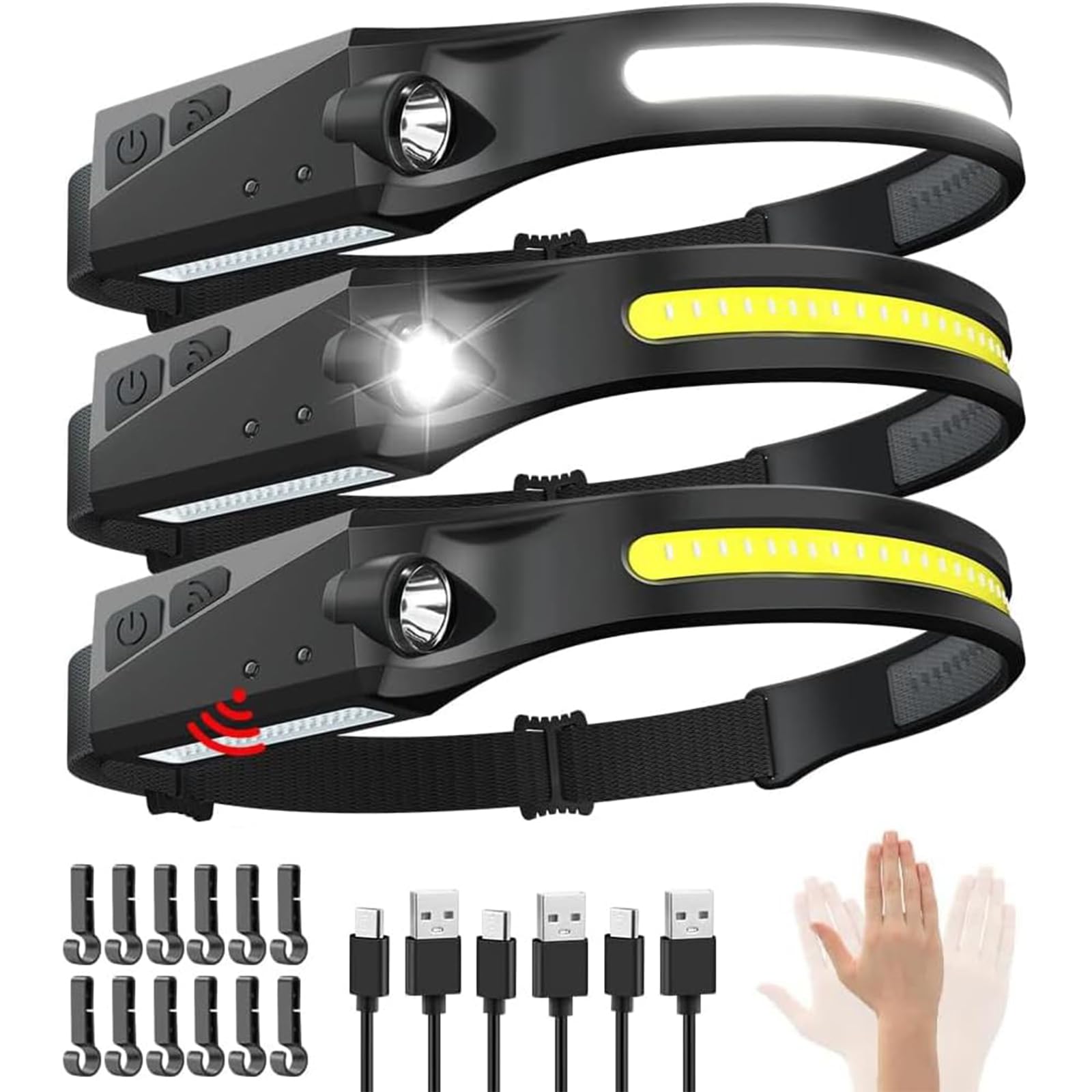 MOYASIBB Led Headlamp Rechargeable 3 Pack230° Wide Beam Headband Light Motion Sensor Head Lamps for ForeheadHard Hat HeadlightType-C USB Charging Headlamps for RunningCyclingCamping