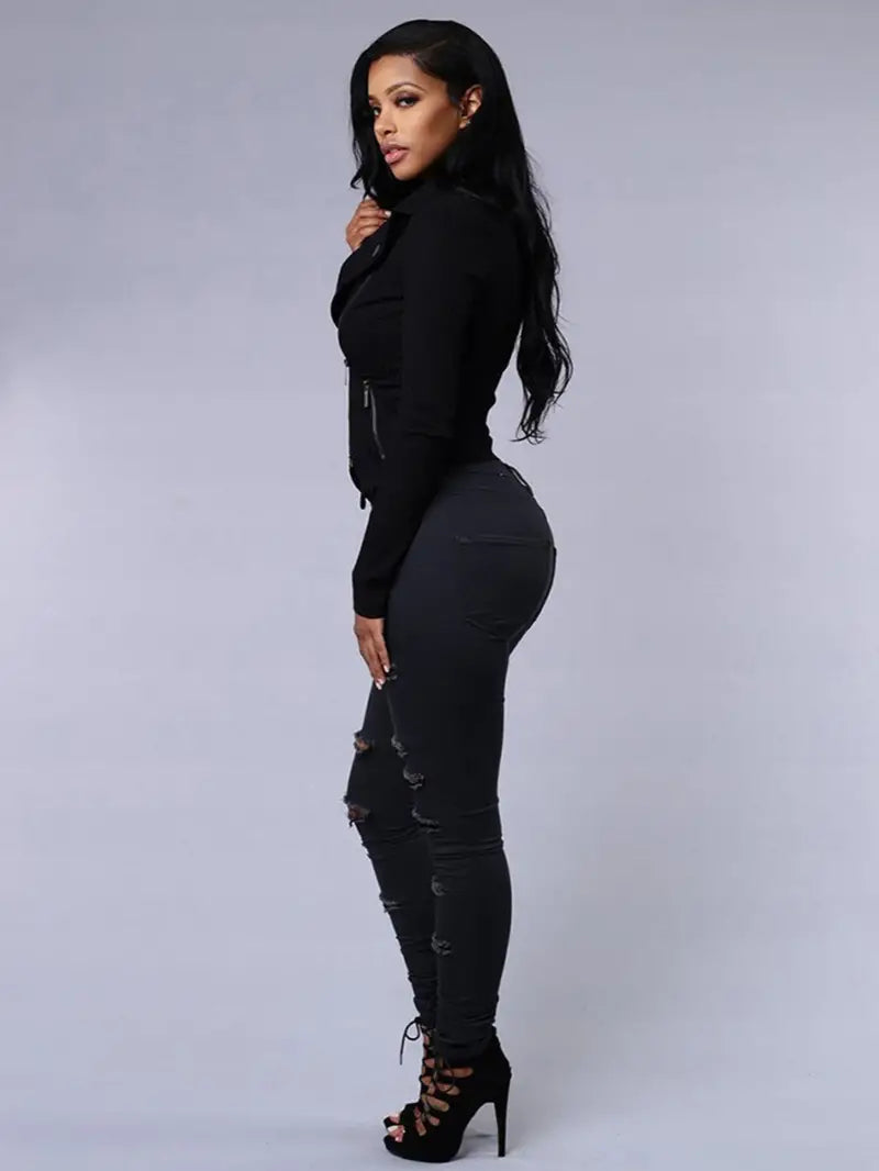 Ripped High Waist Skinny Jeans with Slash Pockets