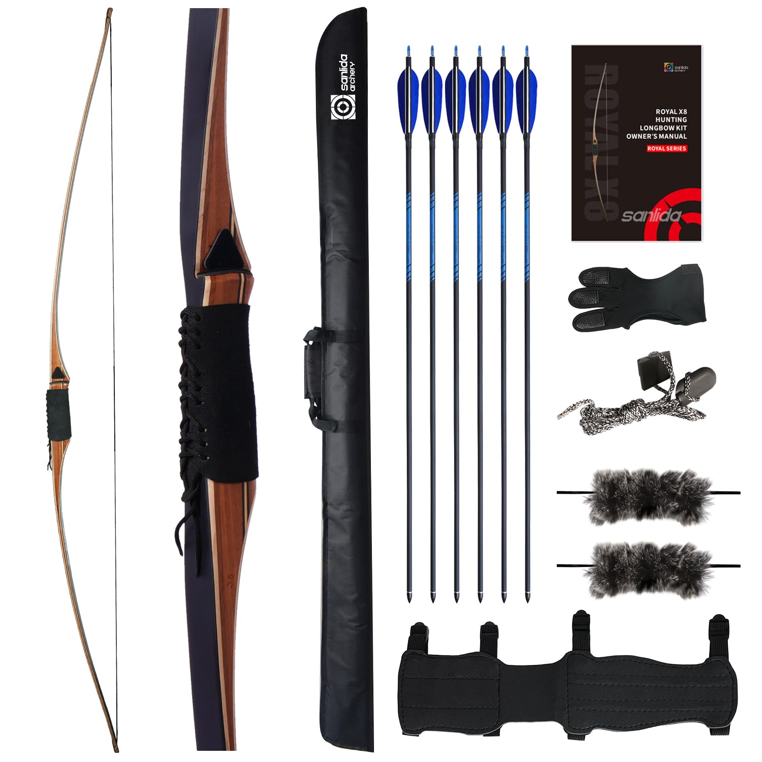 Sanlida Archery 68” Royal X8 Longbow Traditional Wooden Hunting Bow Handmade Hunting Bow and Arrows kit for Adults & Traditional Archers RH Only (55lbs Right Hand)