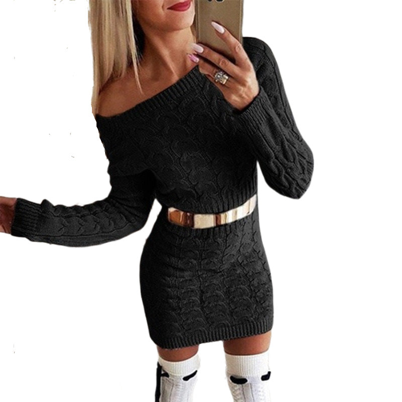 Off-Shoulder Knit Dress with Fluo Color Cable Design