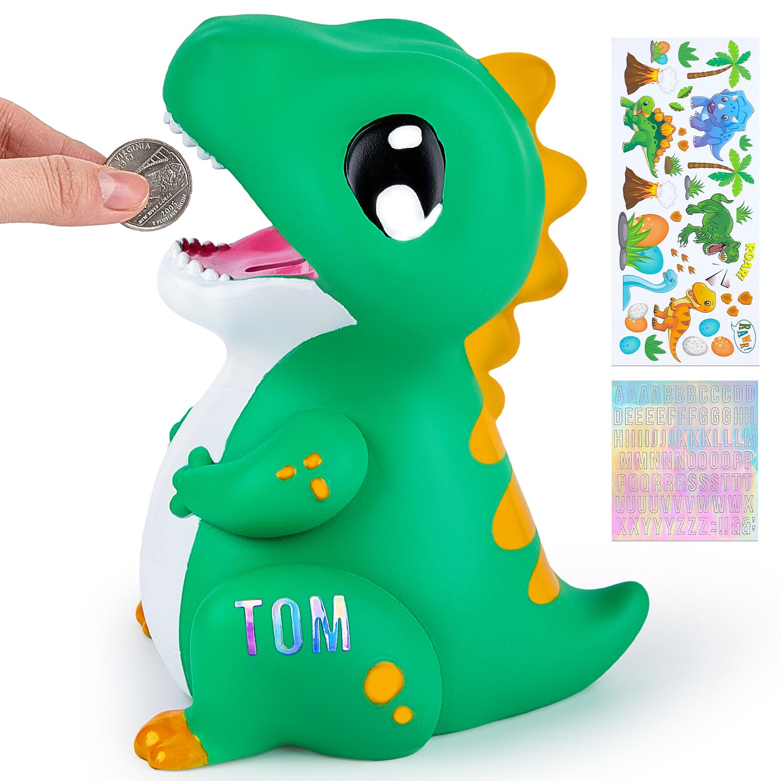 Dinosaur Piggy Bank for Kids Unbreakable Money Coin Bank for Boys Girls with DIY StickersToddler Gifts for BirthdayEasterBaby ShowerGreen