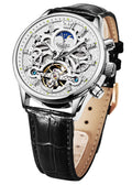 OLEVS Men Skeleton Watch Automatic Mechanical Dress Casual Black Leather Moon Phase Luminous Waterproof Wrist Watches