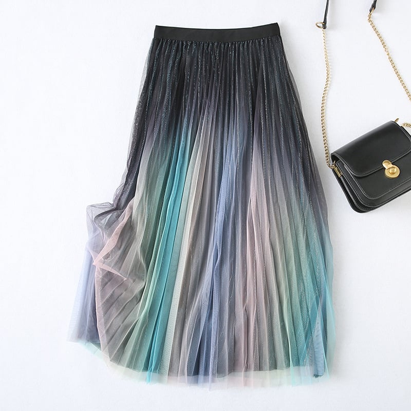 High Waist Slim A-Line Gradient Pleated Skirt