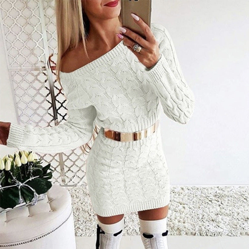 Off-Shoulder Knit Dress with Fluo Color Cable Design