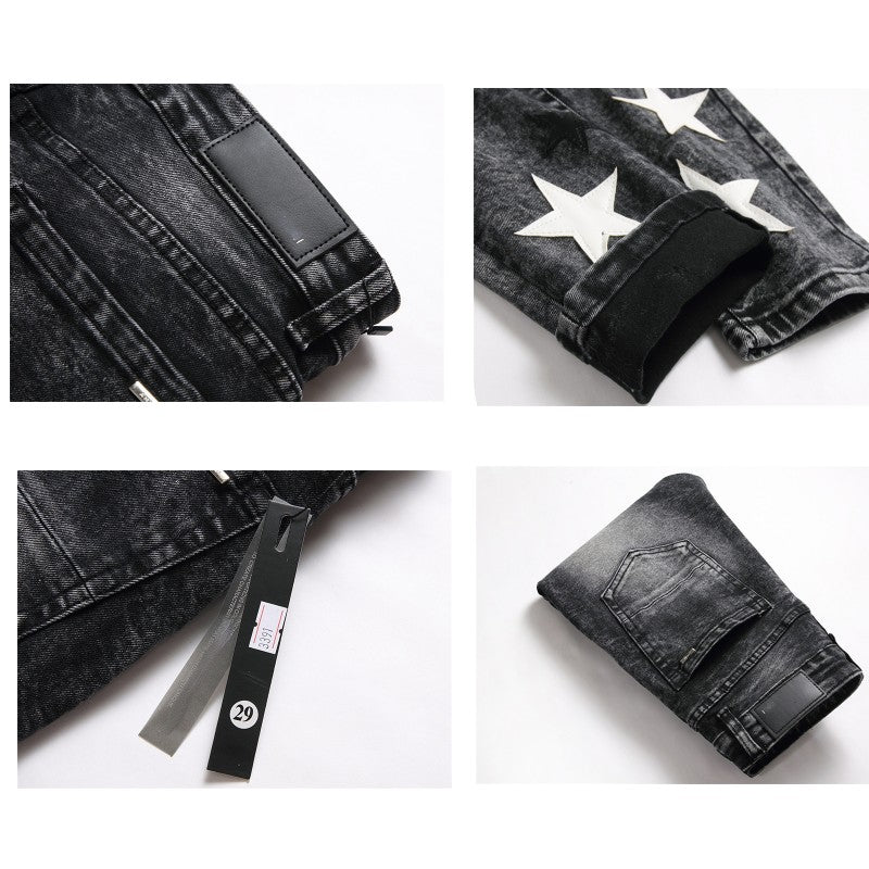 Embroidered Men's Jeans - Slim Fit Motorcycle Style
