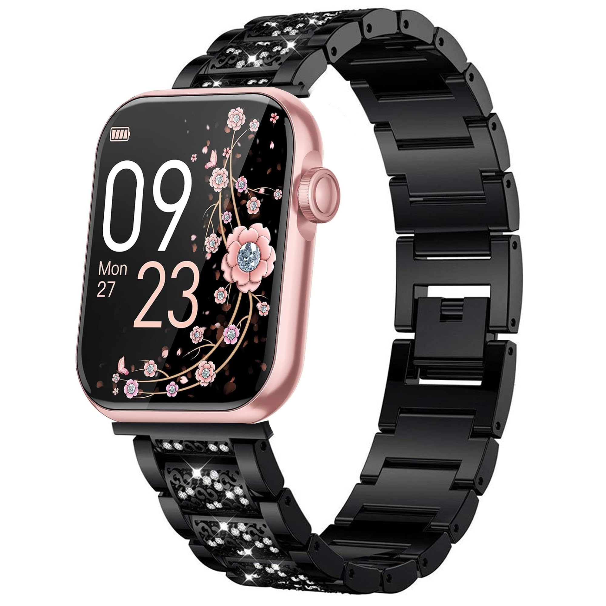 Compatible for AKUMAKA Smart Watch Bands 22mm Jewelry Bling Diamond Metal Dressy Strap Accessories Sports Band for Men Women Compatible with AKUMAKA G39 T90 209DK Smart Watch (For 22mm size band Black)
