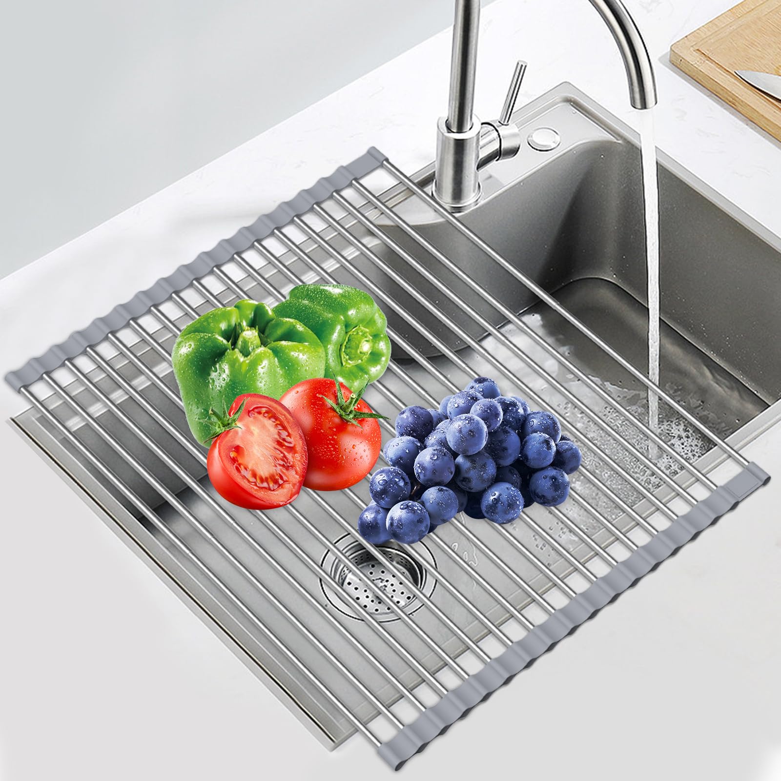 Sindax 23.7" Extra Large Dish Drying Rack Expandable Roll Up Over The Sink Dish Drying Rack SUS304 Stainless Steel Multipurpose Kitchen Drainer Rack Up Load to 70Lb