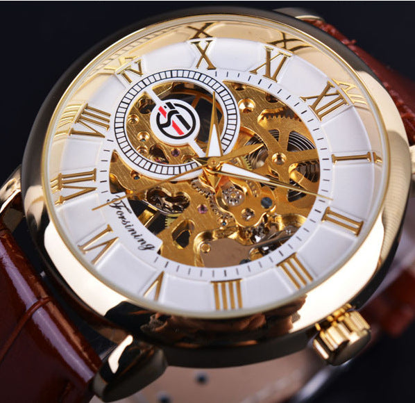 Hollow Design Manual Mechanical Watch with Leather Strap