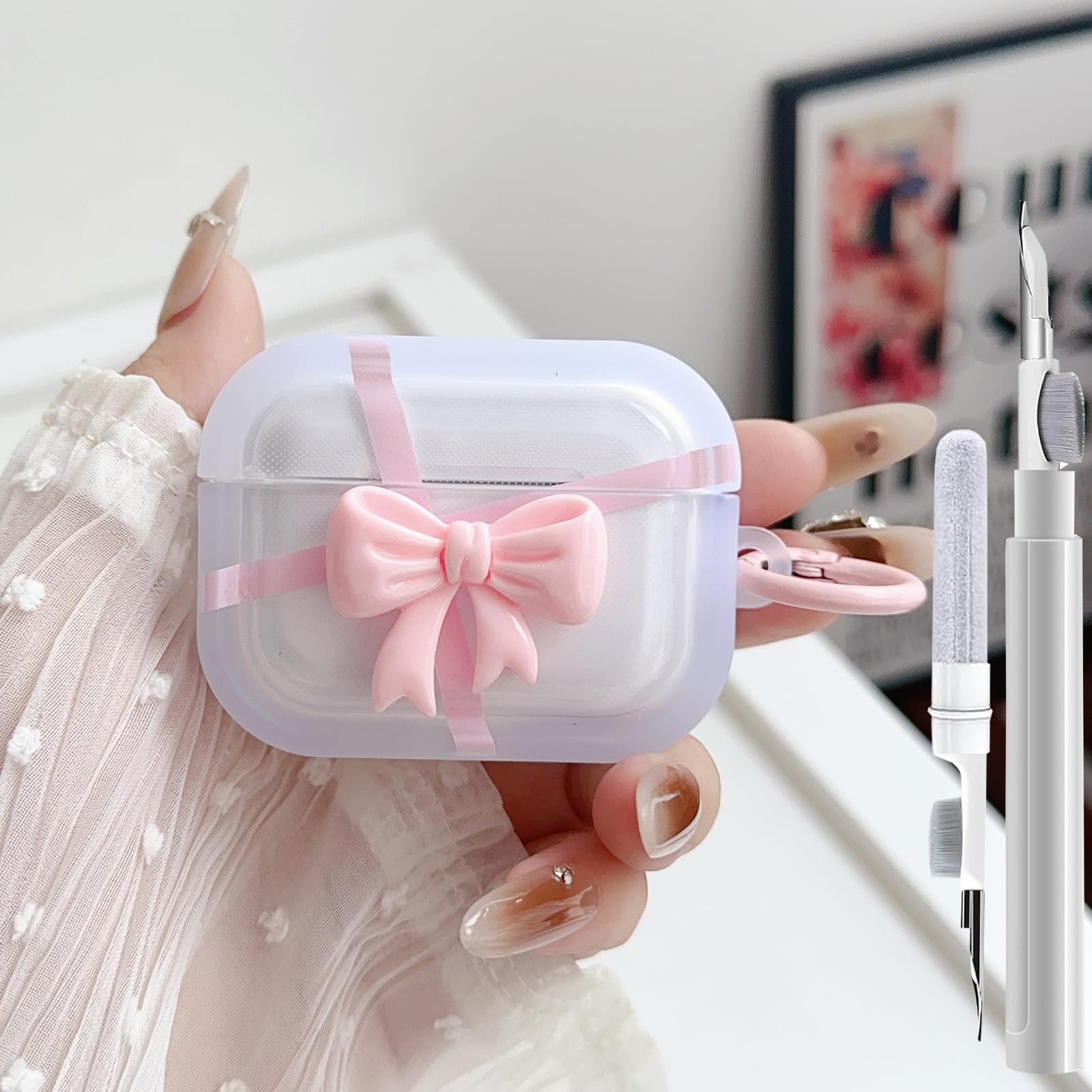 GARTOO Cute AirPods Pro 2nd/1st Generation Clear Case Girly 3D Bow Design Soft TPU Protective Shockproof Kawaii Apple iPod Pro 2/1 Gen Cover with Cleaner Pen & Keychain Girls Women