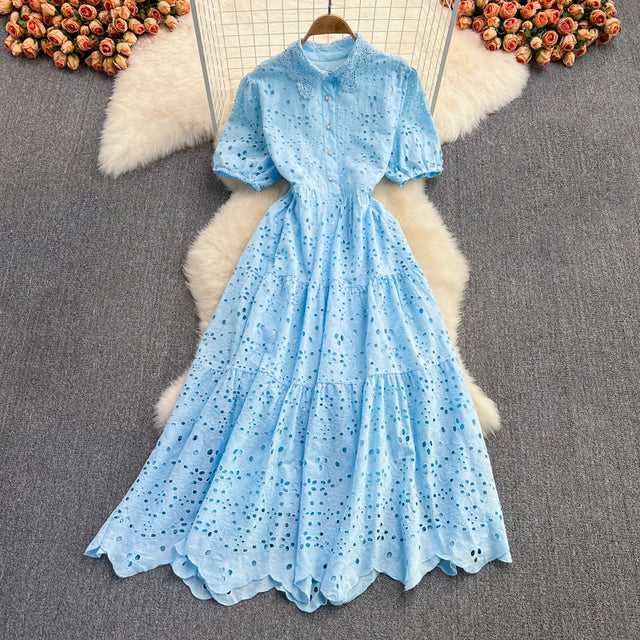 Bohemian Summer Dress with Embroidered Puff Sleeves