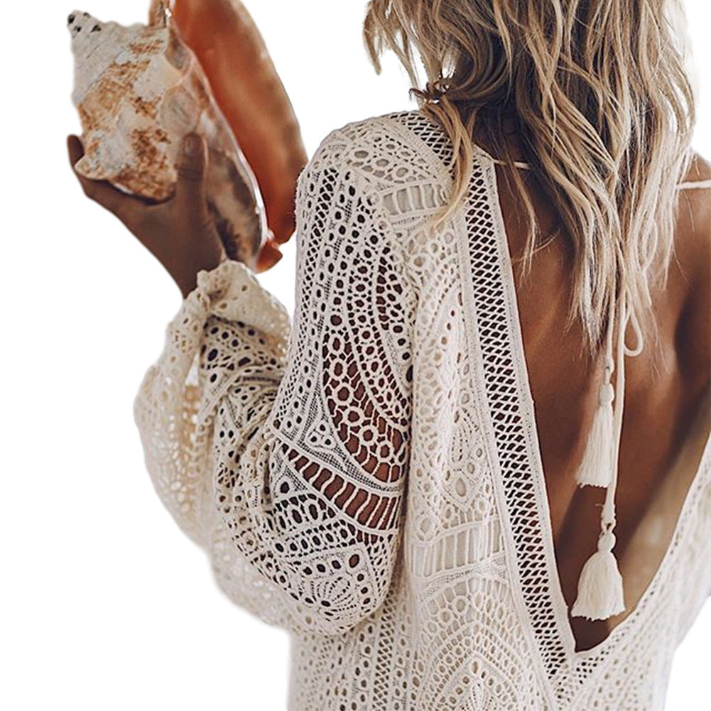 Summer Women's Dress with Deep V Neck and Long Sleeves