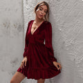 Velvet Ruffle Dress with Deep V-Neck and Puff Sleeves