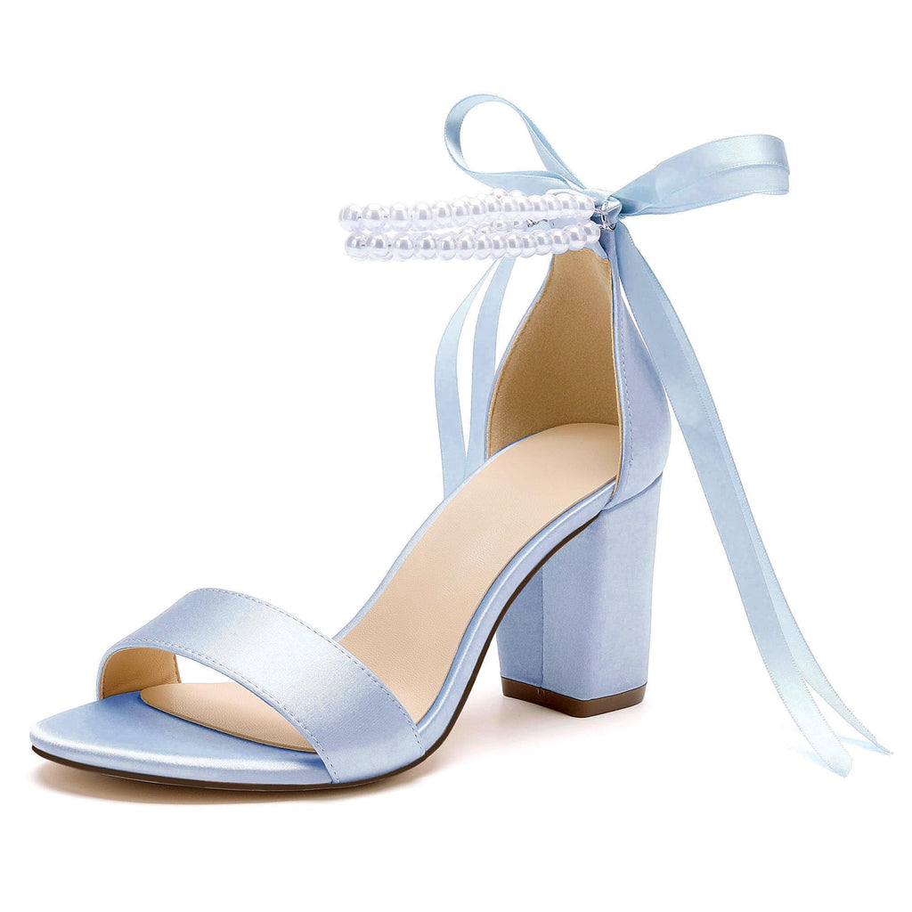 HKMFLYY Womens Open Toe Pearl Wedding Shoes for Bride High Heels Sandals Satin Bridal Shoes Block Chunky Heels Ankle Strap Prom Evening Party Shoes Pumps Light Blue Size 6
