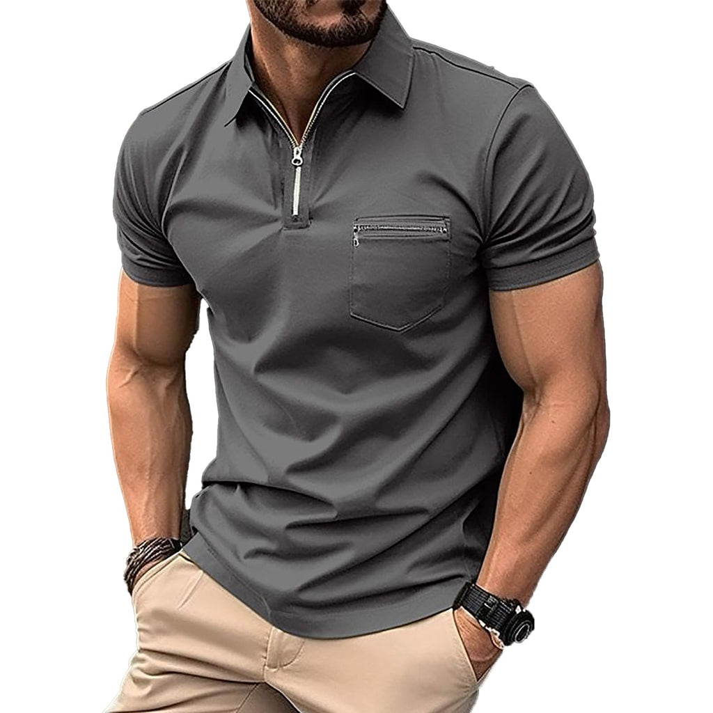 Mens Zipper Polo Shirts Short Sleeve Workout Golf Shirt Casual Stretch Classic Fit T Shirts with Pocket