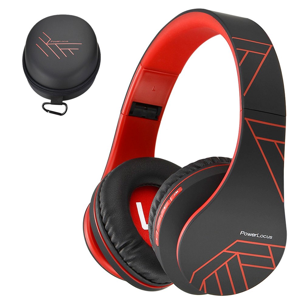 PowerLocus Bluetooth Over-Ear Headphones Wireless Stereo Foldable Headphones Wireless and Wired Headsets with Built-in Mic Micro SD/TF FM for iPhone/Samsung/iPad/PC (Black/Red)