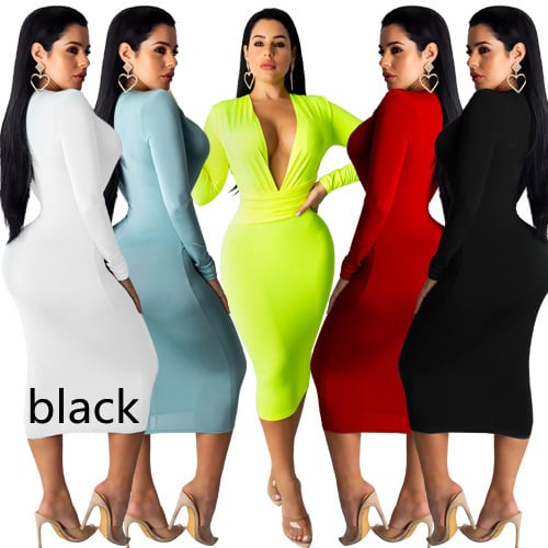 Fashion Deep V Neck Long Sleeve Hip Dress