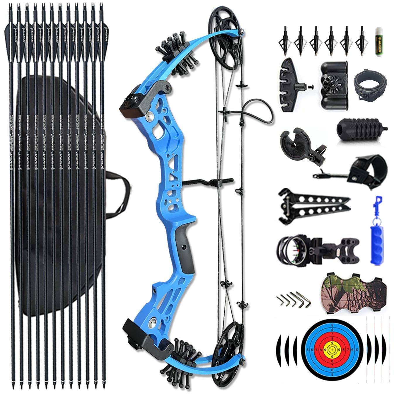 PANDARUS Compound Bow Set 15-45lbs for Pull Beginner and Teens Right Handed Adjustable 18"-29" Draw Length 320 FPS Speed Hunting Bow Archery Set New 2024 (Blue Right Handed Bag Pro)