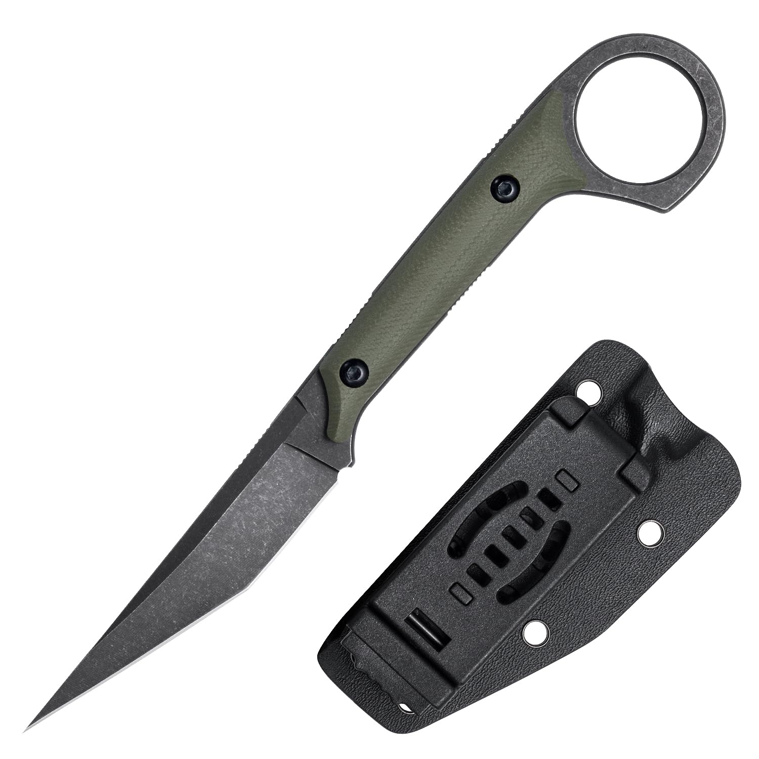 OOULORE Fixed Blade Knife D2 Steel Blade and G10 Handle Utility Knife EDC Knife for Outdoor Survival Hiking Camping with Kydex Sheath OS1221 (Green)