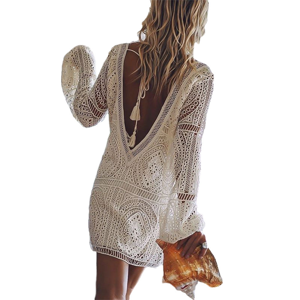 Summer Women's Dress with Deep V Neck and Long Sleeves